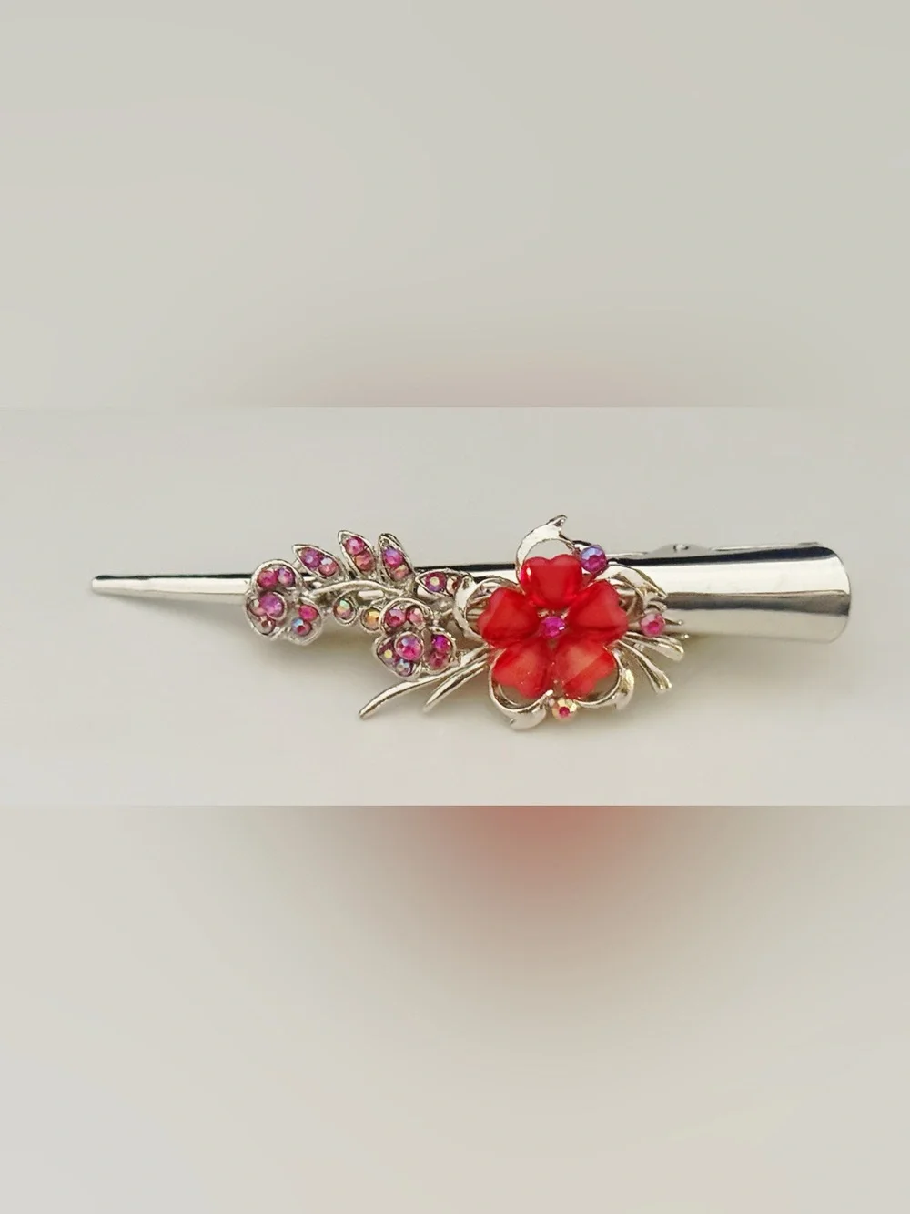 2 Iridescent Fuchsia Floral Crystal Hair Clamp Set - Elegant Silver-Tone Accents